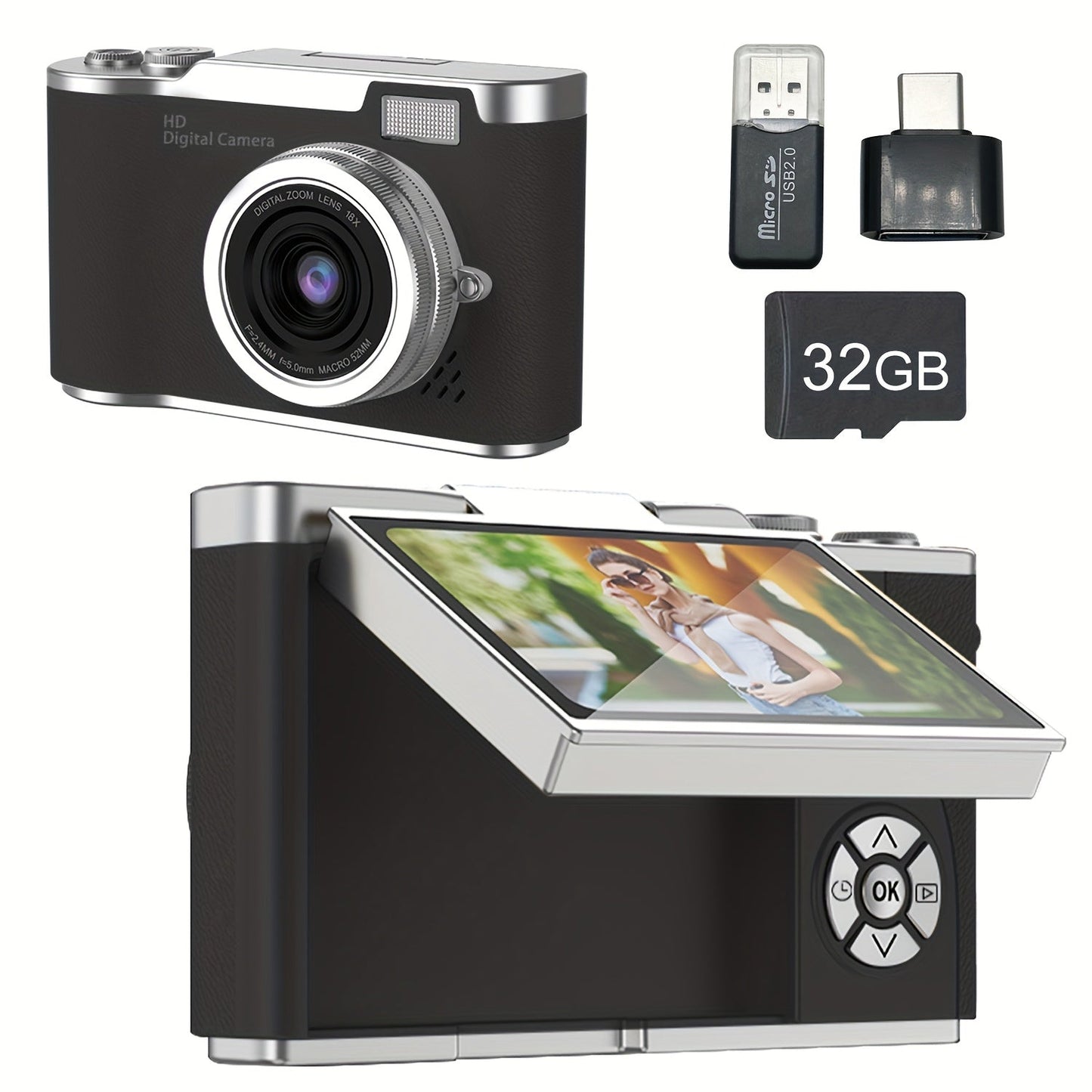 Digital Camera 1080P Model LK007 with 2.4-Inch Flip Screen, 32GB Card, Rechargeable Battery and Three Colors