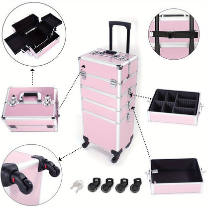 Four-in-One Rolling Makeup Case with Aluminum Frame, Swivel Wheels and Black, Pink or Silver Options