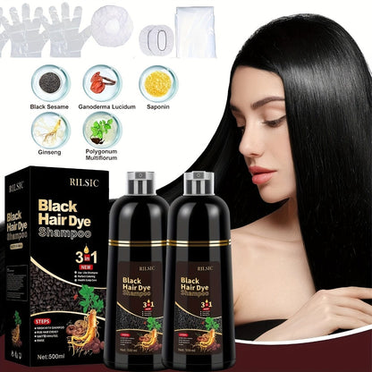 RILSIC 3-in-1 Gray Hair Color Shampoo with Plant Squalene — 100% Gray Coverage Wash & Condition Instant Results, No Mix No Ammonia, 16.91oz / 500ml for Women & Men All Hair Types