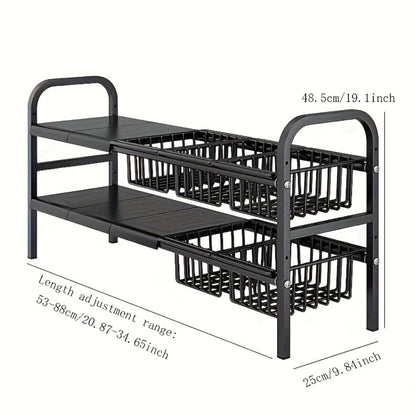 Under Sink Organizer and Storage Expandable 2 Tier Cabinet Shelf Organizer with Detachable Panels and Baskets for Under Kitchen Bathroom Sink, Adjustable Metal Cabinet Storage Rack