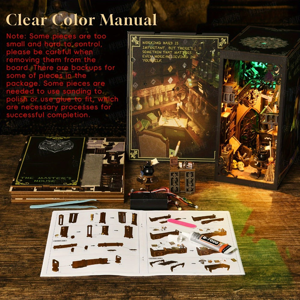 Master’s House Book Nook Kit with 319-Piece Potion Workshop Scene, Yellow and Green Lights and Touch Sensor