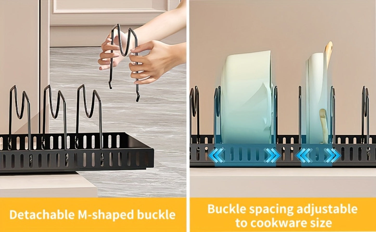 Pull-Out Pot and Pan Organizer with Sliding Cabinet Base, Eight Adjustable Dividers and One- or Two-Pack Options