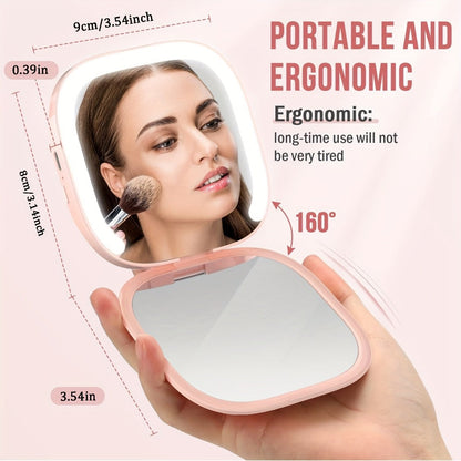 Makeup Mirror Foldable Dual-Sided Compact with Three Light Colors, Touch Brightness, USB-C Charging and Pink or White Finish