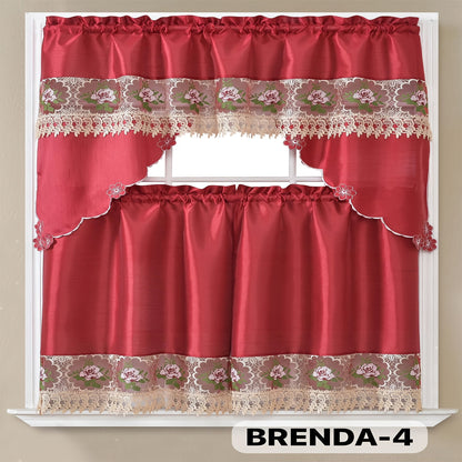 Three-Piece Patterned Kitchen Curtain Set with One Valance, Two Tiers and Forty-Six Exact Design Options
