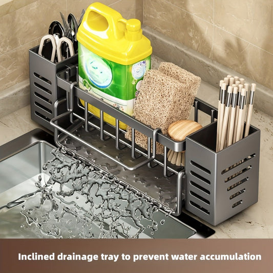Kitchen Sink Organizer Sponge Holder with Self-Draining Tray Removable Rag Rod Carbon Steel Countertop Storage Rack for Sponges Brushes Soap Bathroom