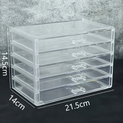 Clear Acrylic Makeup Organizer 5-Tier with Drawers Dustproof Cosmetic Storage for Lipstick Foundation Brushes Skincare — No Installation Vanity Bathroom Office Desk