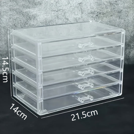 Clear Acrylic Makeup Organizer 5-Tier with Drawers Dustproof Cosmetic Storage for Lipstick Foundation Brushes Skincare — No Installation Vanity Bathroom Office Desk