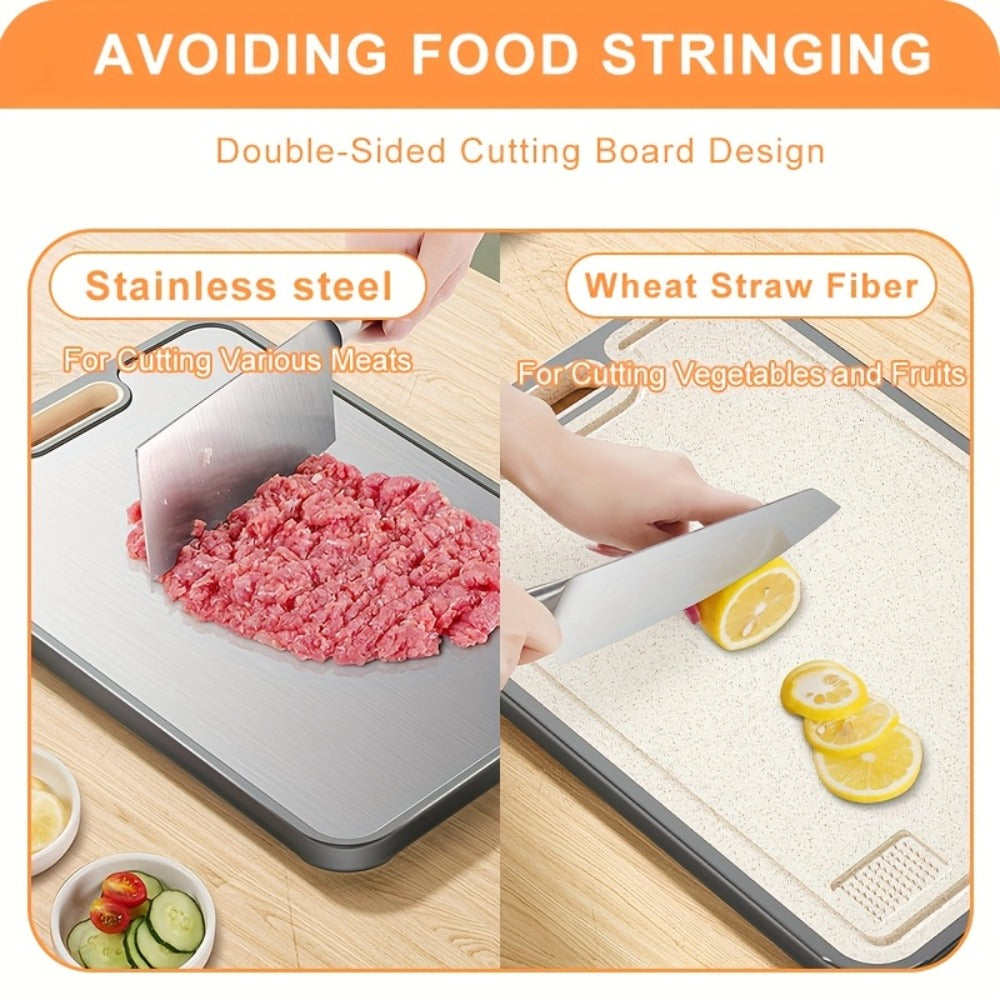 Large Cutting Board for Kitchen – Double Sided Food Grade Stainless Steel & Wheat Straw PP, Non-Slip, Easy to Clean, 16 x 11 Inch Heavy Duty Chopping Board