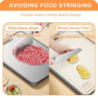 Large Cutting Board for Kitchen – Double Sided Food Grade Stainless Steel & Wheat Straw PP, Non-Slip, Easy to Clean, 16 x 11 Inch Heavy Duty Chopping Board