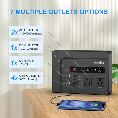 Portable Power Station 146Wh 200W with Two AC Outlets, Four USB Ports and Hard Carrying Case