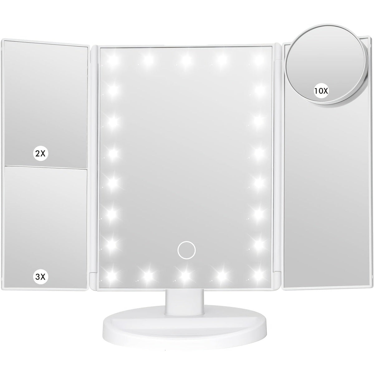 LED Tri-Fold Makeup Mirror with Touch Screen, 1X/2X/3X/10X Magnifying Vanity Mirror, Flexible Adjustable Base