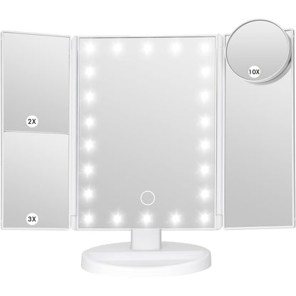 LED Tri-Fold Makeup Mirror with Touch Screen, 1X/2X/3X/10X Magnifying Vanity Mirror, Flexible Adjustable Base