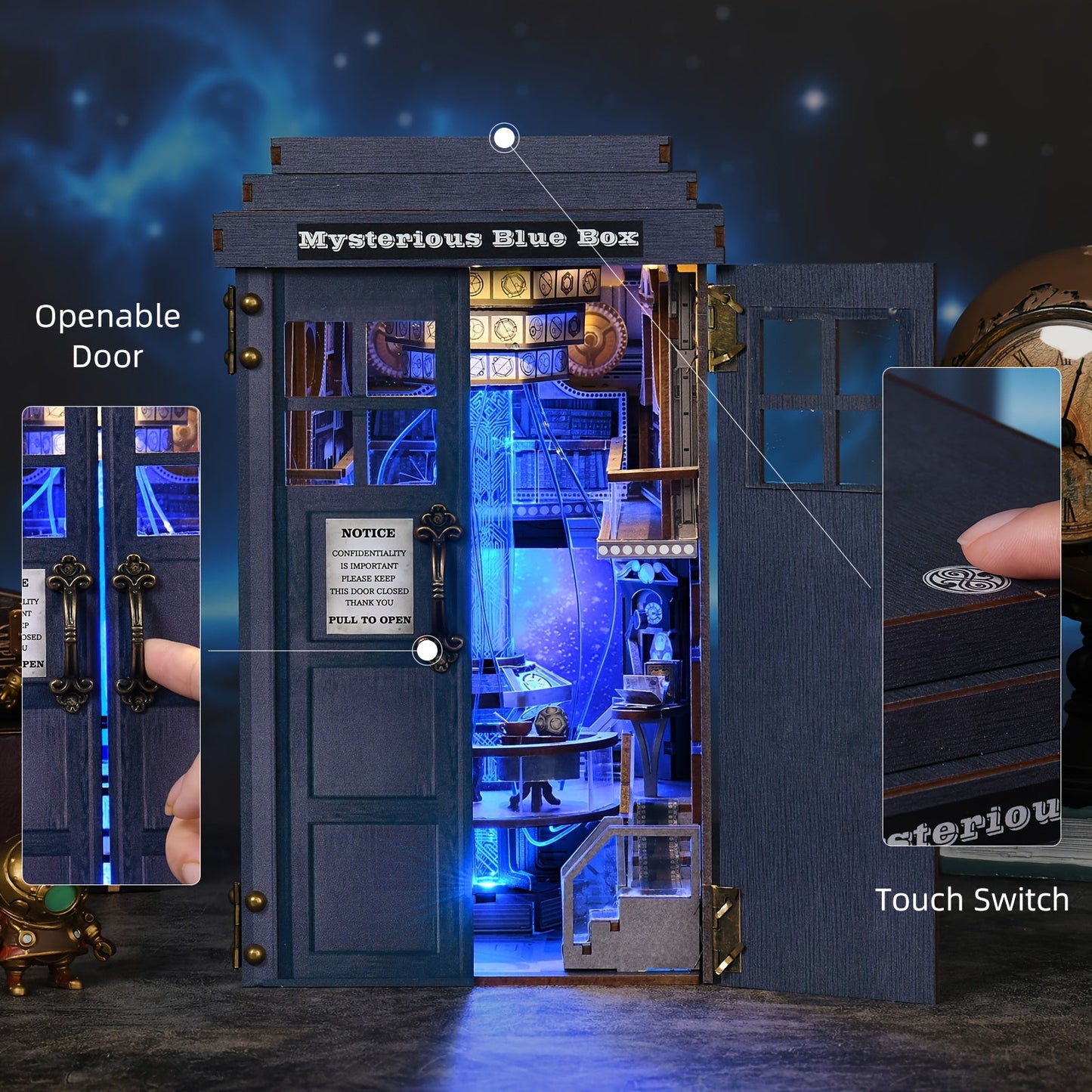 Mysterious Blue Box Book Nook Kit CH08 with 368-Piece Fantasy Workshop Scene and Touch-Controlled Blue Light