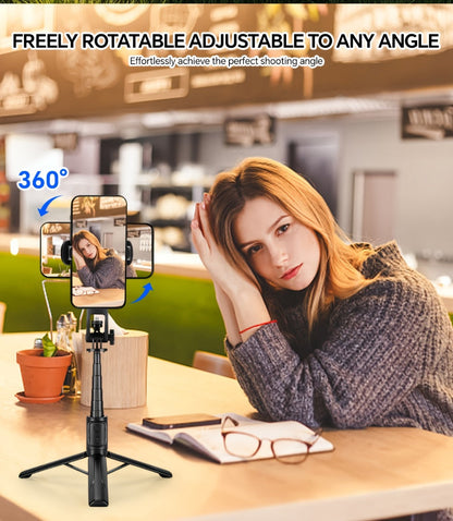 Black Selfie Stick Tripod with Telescoping Pole, Rotating Phone Clamp, Fold-Out Base and Remote