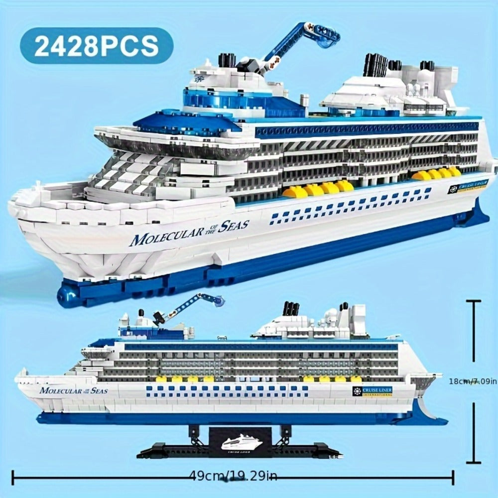 2428-Piece Cruise Ship Building Block Model with Black Display Stand, Lifeboats, Chimneys and Ocean-Liner Deck