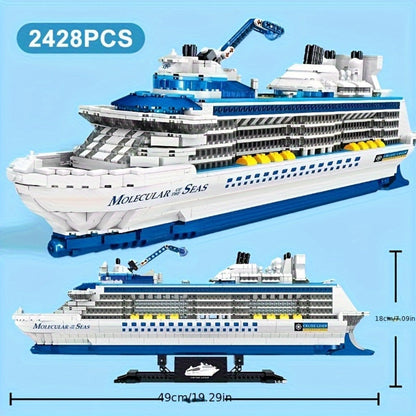 2428-Piece Cruise Ship Building Block Model with Black Display Stand, Lifeboats, Chimneys and Ocean-Liner Deck