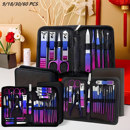 Portable Manicure and Pedicure Tool Set in 9-, 18-, 30- or 60-Piece Case Configurations for Nail Care