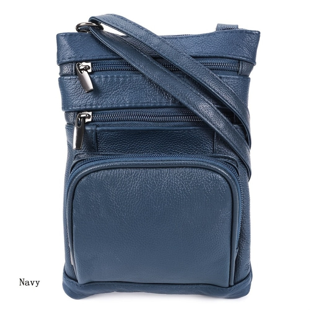 Genuine Leather Shoulder Bag for Women Men Soft First-Layer Cowhide Crossbody Bag Multi-Pocket Messenger Bag 3 Sizes Fits Smartphone Tablet Daily Work Travel – Black Red Brown Navy