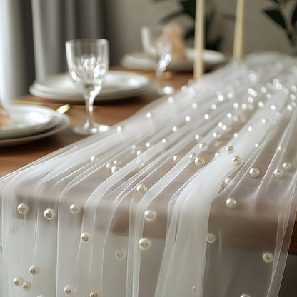 White Pearl-Embellished Sheer Tulle Fabric Roll in 160 x 300 cm Size for Backdrops and Table Decor