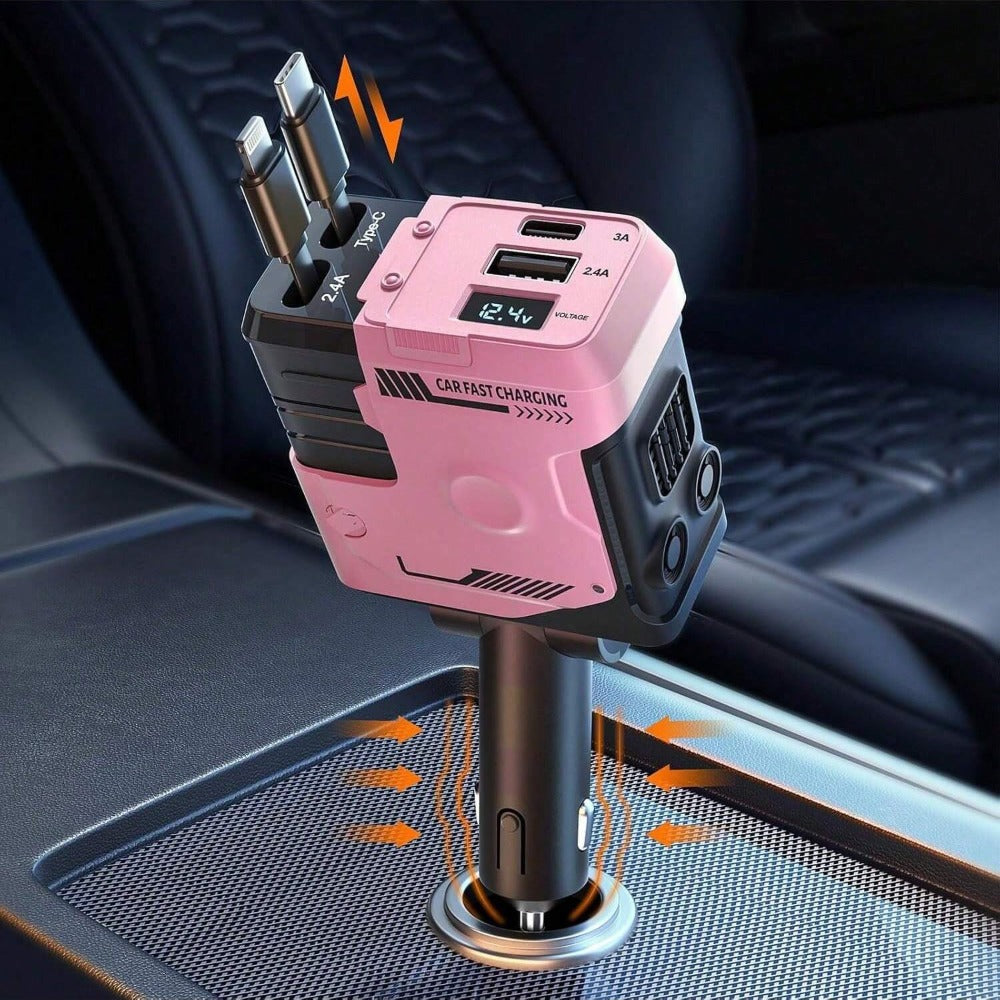 120W Fast Car Charger 4-in-1 with Retractable PD 3.0 Type-C Cable & Multi-Port USB Adapter – Short Circuit & Overheat Protection for iPhone Samsung Galaxy S25 Ultra Huawei Android, 4 Colors Available