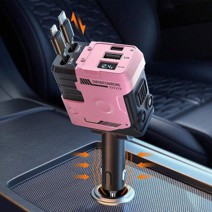 120W Fast Car Charger 4-in-1 with Retractable PD 3.0 Type-C Cable & Multi-Port USB Adapter – Short Circuit & Overheat Protection for iPhone Samsung Galaxy S25 Ultra Huawei Android, 4 Colors Available