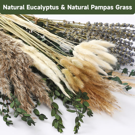 Boho Pampas Grass Dried Flower Arrangement – Lavender Eucalyptus Bouquet with Gemstone Accents for Home Decor, Rustic Wedding Centerpiece & Bohemian Bedroom Vase Filler