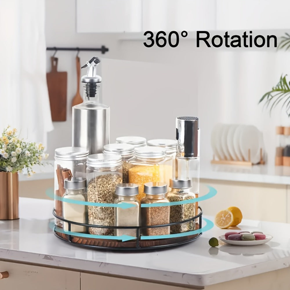 Wooden Turntable Kitchen Organizer 12-Inch Rotating Tray with Steel Armrests for Pantry or Countertop