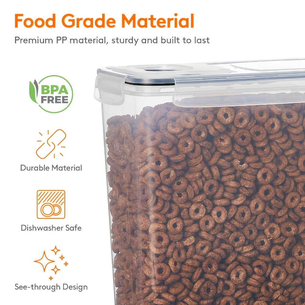 Food Storage Containers Four-Piece Clear Cereal Canister Set with Clip-On Lids and 4-Liter Capacity Each
