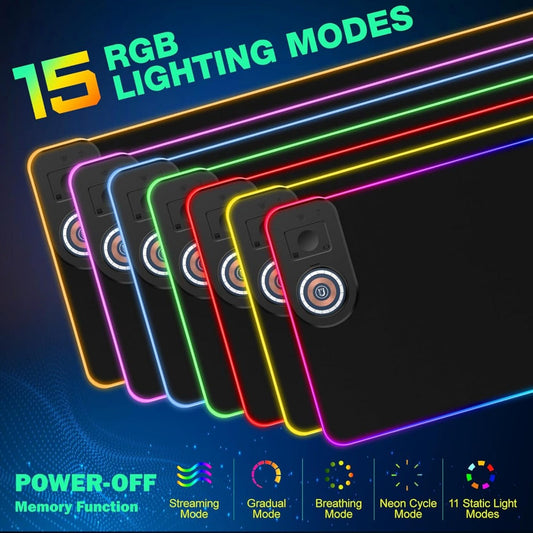 Wireless Charging RGB Mouse Pad Large LED Gaming Desk Mat – Multiple Color Switching, Anti-Slip Wear-Resistant Surface, USB Powered for PC, Keyboard & Gaming Setup | Qi Compatible | 10 Accessories Included