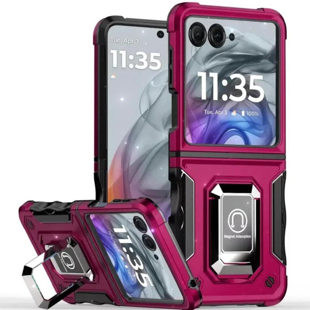 Motorola Razr 2024 Case Defender Metal Magnetic Ring Stand Hybrid Cover – Heavy Duty Shockproof TPU PC Armor with Kickstand & Magnetic Car Mount Compatibility