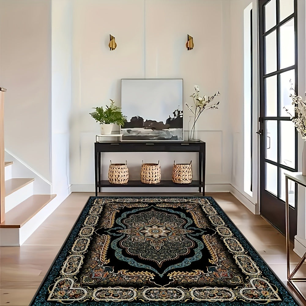 Area Rug Bohemian Floral Velvet in Four Machine-Washable Sizes with 100% Polyester Cut Pile