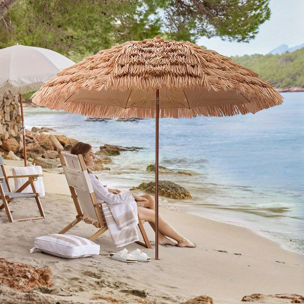 Patio Umbrella 7.5FT Thatch-Style Tiki Design with Steel Pole, Iron Frame, Push Tilt and UV Shade