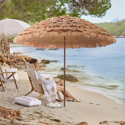 Patio Umbrella 7.5FT Thatch-Style Tiki Design with Steel Pole, Iron Frame, Push Tilt and UV Shade