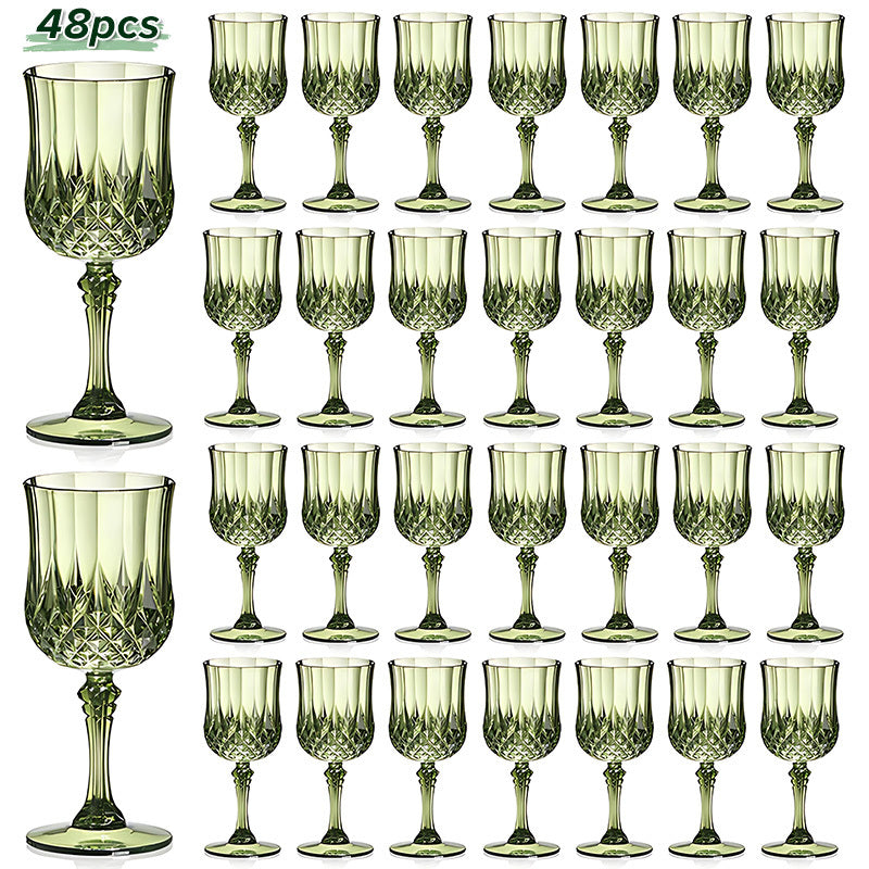 Plastic Champagne Glasses 48 Pack – 7oz Stemmed Crystal Clear Reusable Cups for Wedding, Party, Bridal Shower, Christmas, Halloween, Stackable Shockproof Vintage Stem Glasses, Transparent Green Blue