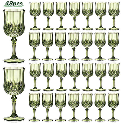 Plastic Champagne Glasses 48 Pack – 7oz Stemmed Crystal Clear Reusable Cups for Wedding, Party, Bridal Shower, Christmas, Halloween, Stackable Shockproof Vintage Stem Glasses, Transparent Green Blue