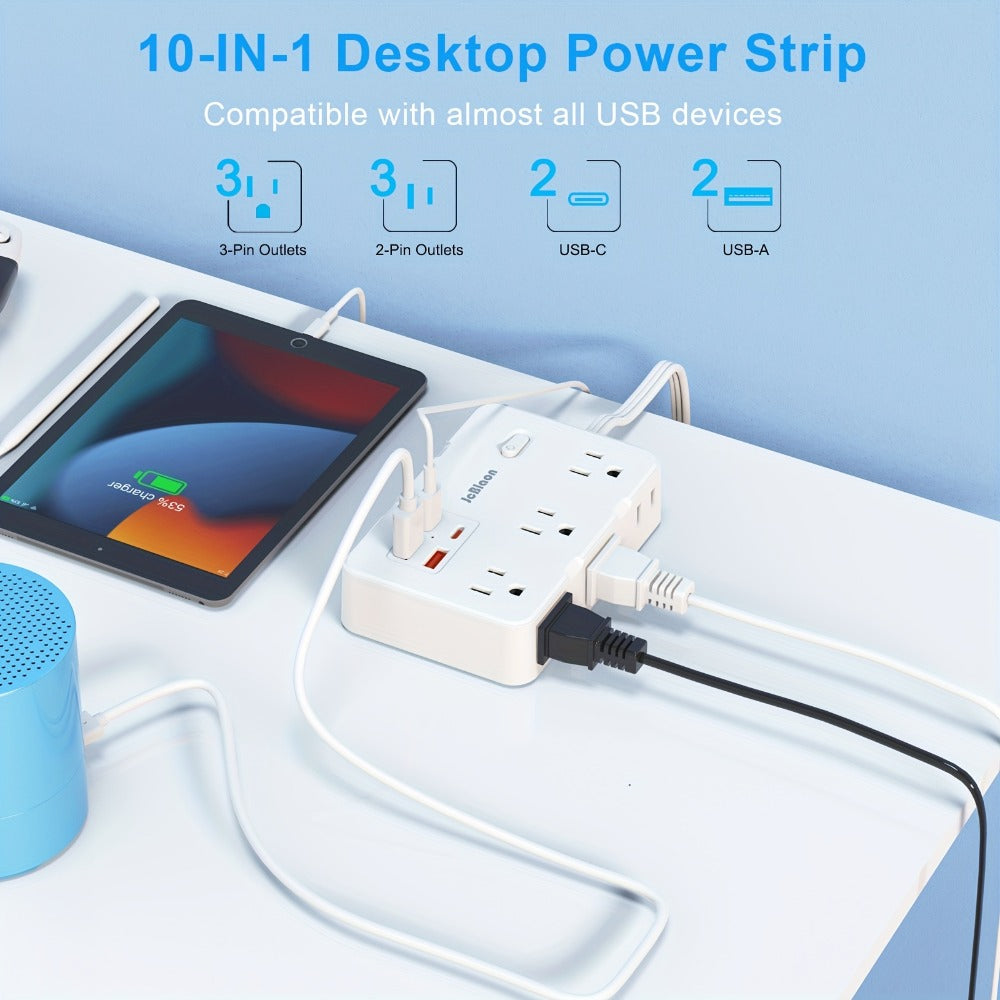 Flat Plug Extension Cord Surge Protector 10-in-1 with 6 AC Outlets 2 USB-C 2 USB-A Ports 5ft Ultra Thin Power Strip 5V/3.1A Wall Mount Charging Station for Home Office Dorm – Black & White