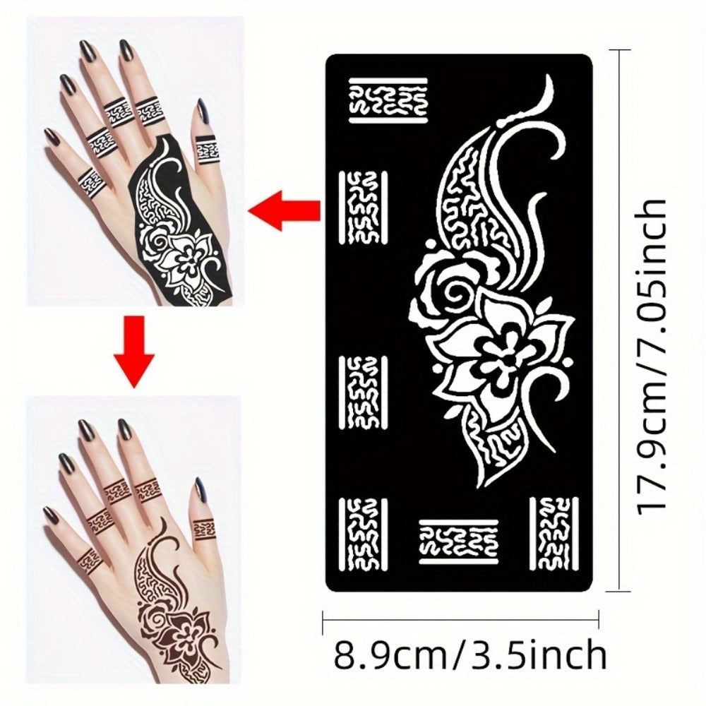 Nine-Sheet Reusable Tattoo Stencil Set with Long Floral and Henna-Style Pattern Cards in HN1 or HN2