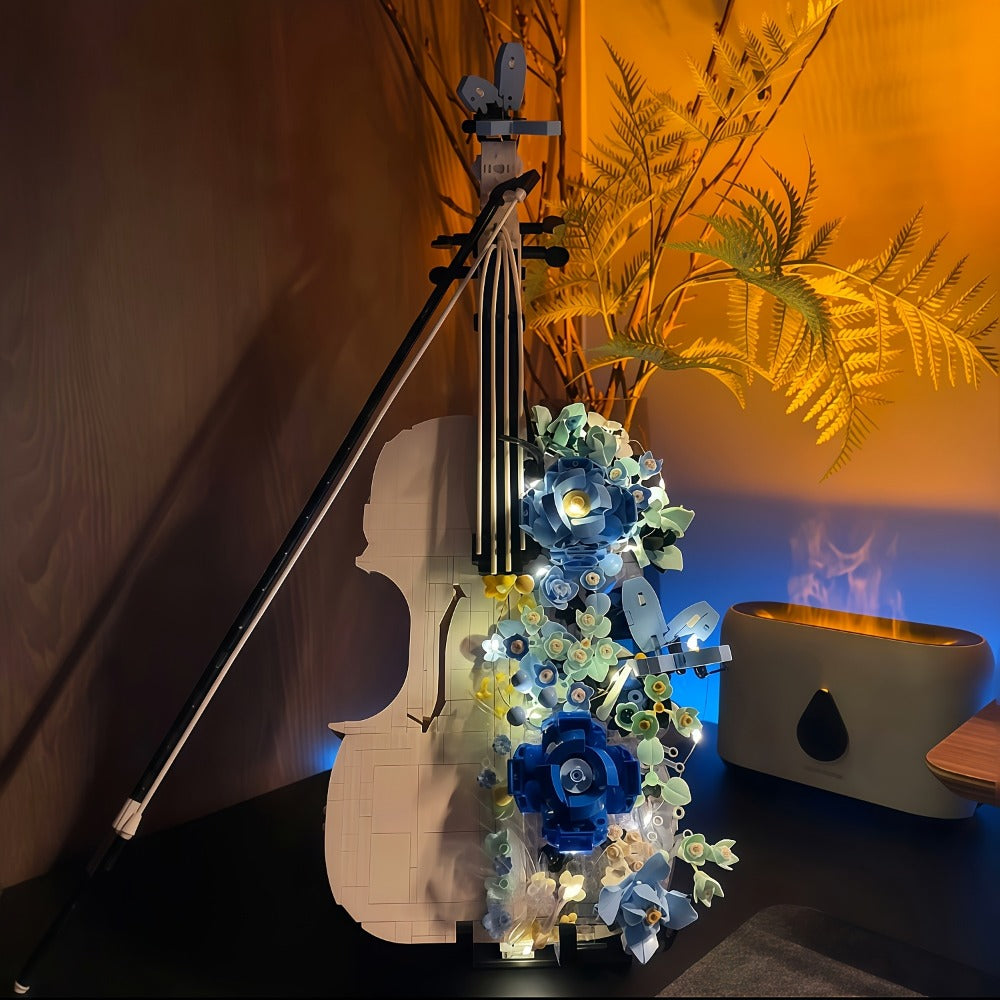 1419-Piece Flower Violin Building Block Model with Brick-Built Stand, Blue Blooms and Panel Detail
