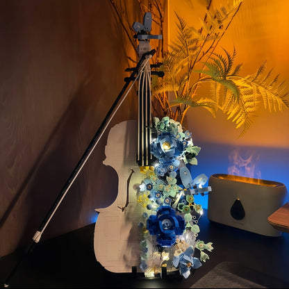 1419-Piece Flower Violin Building Block Model with Brick-Built Stand, Blue Blooms and Panel Detail