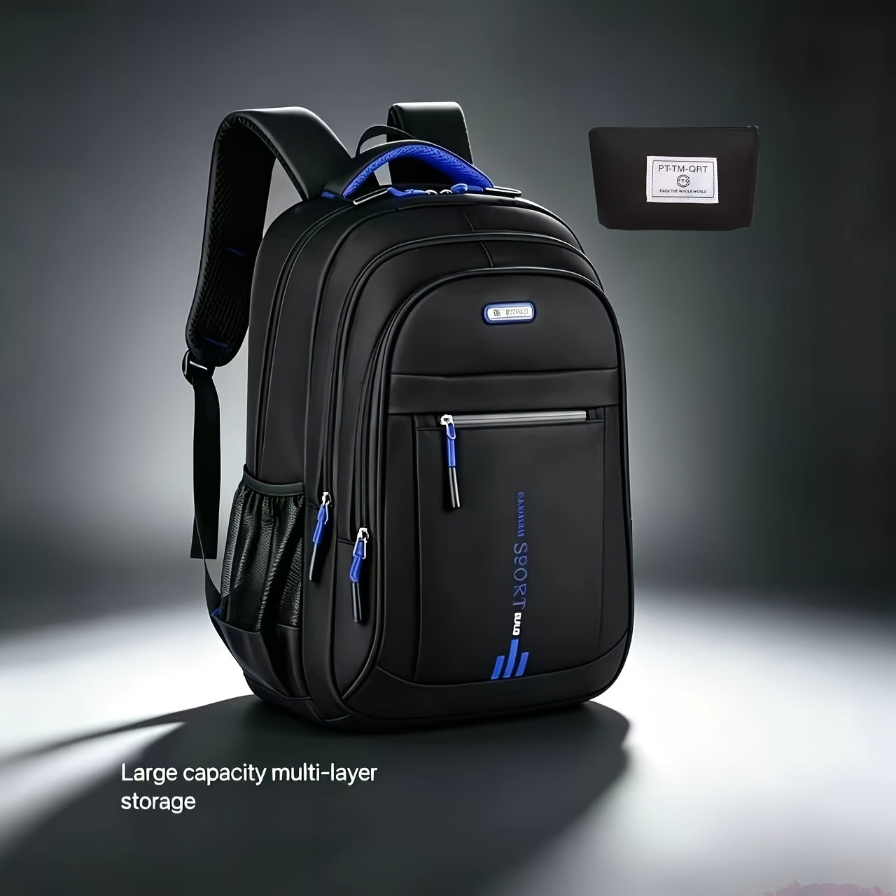 Black Multi-Compartment Travel Backpack, 48 x 32 x 18 cm with Eight Single- or Two-Piece Checkout Options