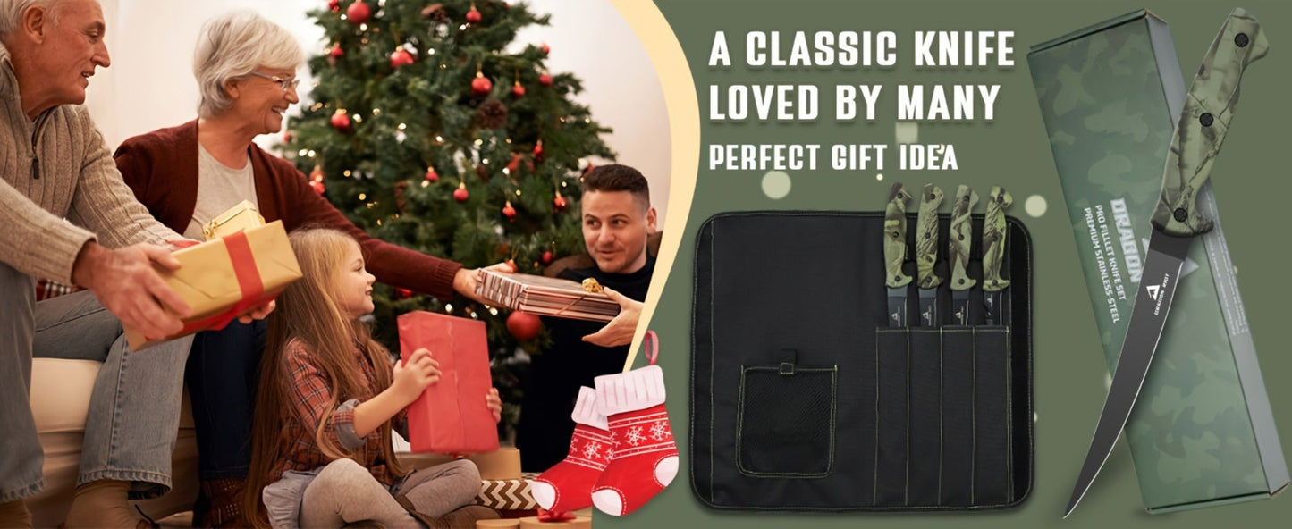 Four-Piece Fillet Knife Set with 5-, 6-, 7- and 9-Inch Labels, Zip Storage Bag and Pocket Sharpener
