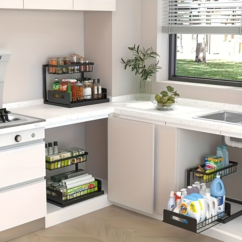 Under Sink Organizer Pull Out 2 Tier Slide Out Cabinet Shelf – Kitchen Bathroom Storage Rack Utility Organizer 1 or 2 Pack