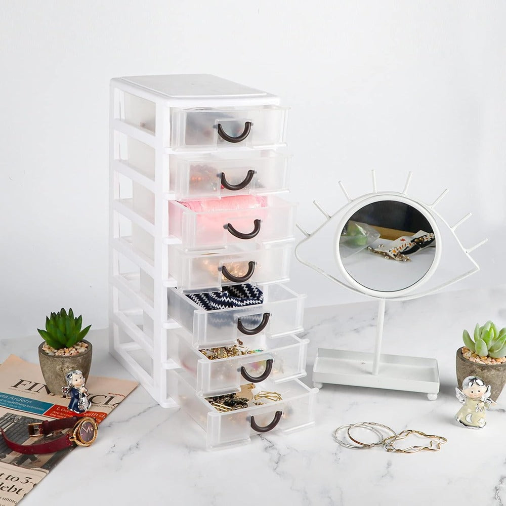 Seven-Drawer Desktop Organizer in Black or White, One- or Two-Piece Set with Clear Front Drawers