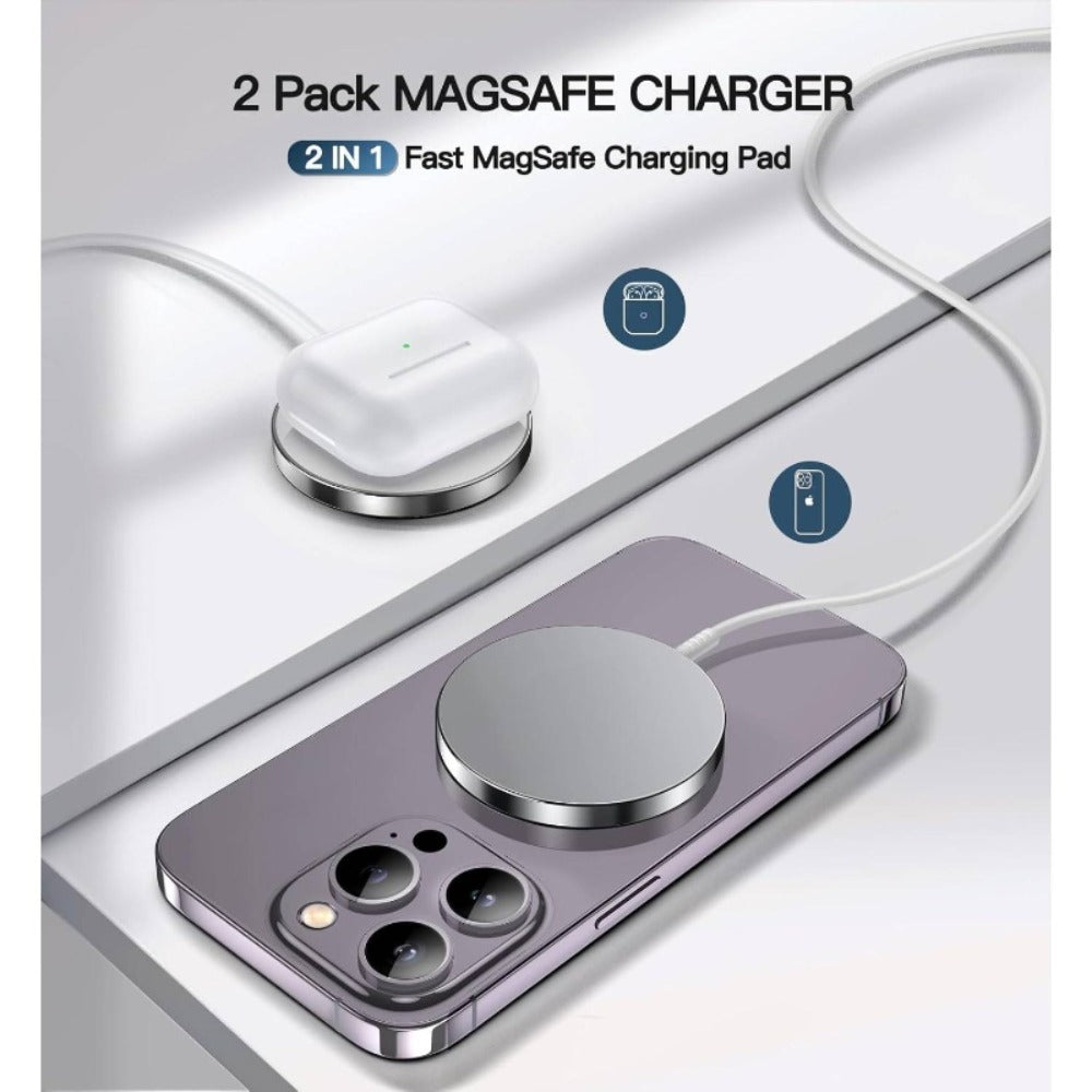 2-Pack MagSafe Wireless Charging Pad 15W Slim Magnetic Fast Charger for iPhone 17/16/15/14/13/12 Pro Max Plus – USB-C & Lightning Support, No Adapter Needed | Home & Office Value Pack | Silver