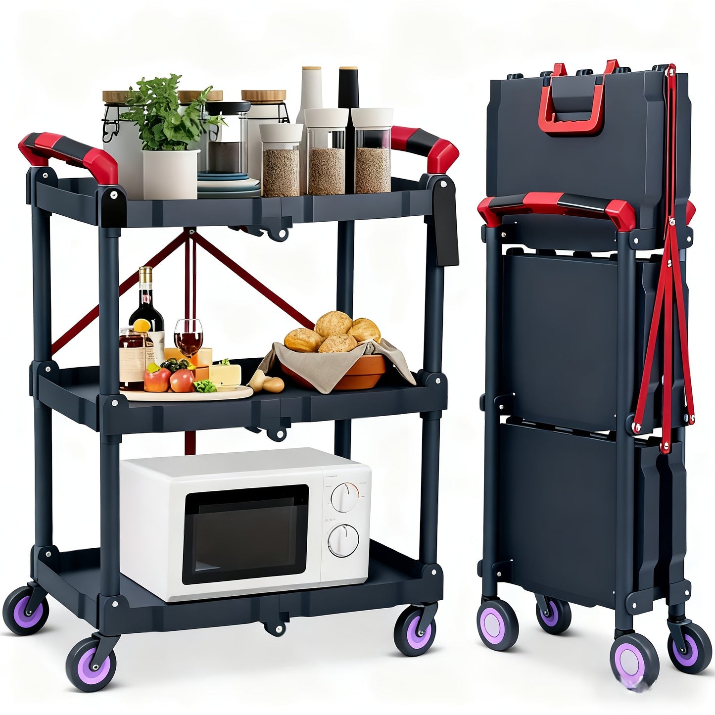 3-Tier Rolling Cart Collapsible Service Utility Cart on Wheels 56 LBS Per Shelf, Portable Folding 3 Shelf Cart Heavy Duty for Kitchen Office Garage Workshop