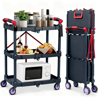 3-Tier Rolling Cart Collapsible Service Utility Cart on Wheels 56 LBS Per Shelf, Portable Folding 3 Shelf Cart Heavy Duty for Kitchen Office Garage Workshop