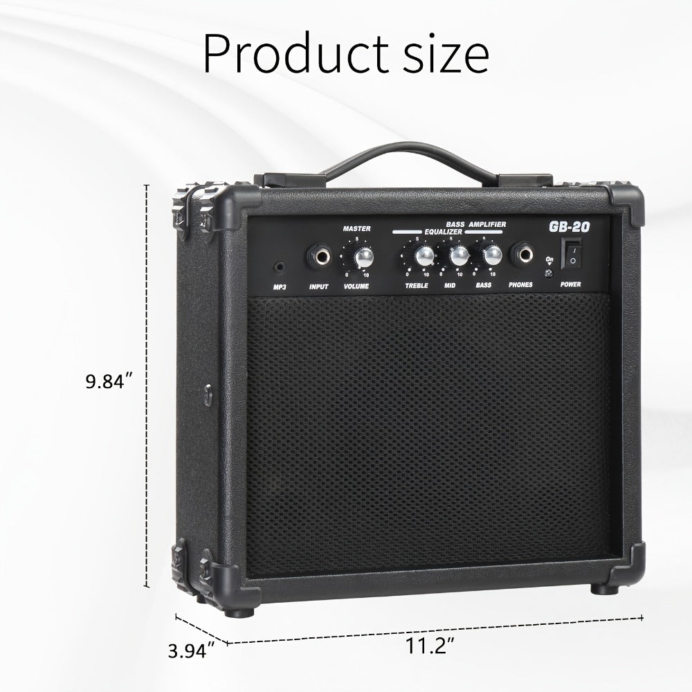 20W Electric Bass Guitar Amplifier with 6.5-Inch Speaker, Volume Treble Bass Middle Controls, Headphone Output Jack, AUX Input for MP3, Portable Practice Amp for Beginner & Home Studio Use