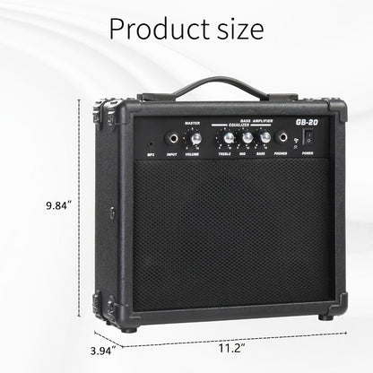 20W Electric Bass Guitar Amplifier with 6.5-Inch Speaker, Volume Treble Bass Middle Controls, Headphone Output Jack, AUX Input for MP3, Portable Practice Amp for Beginner & Home Studio Use