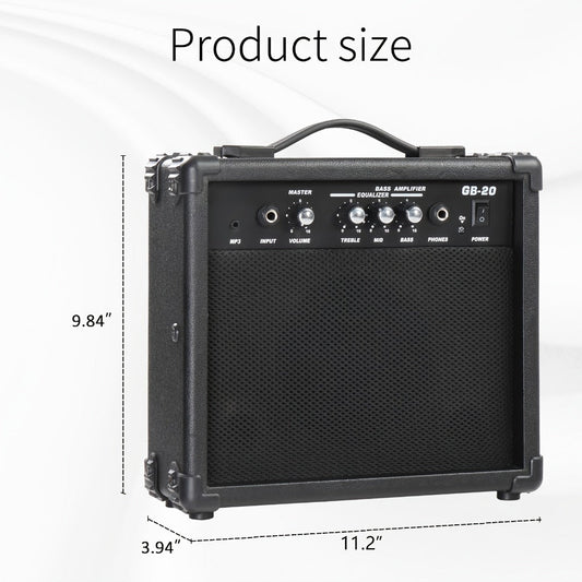 20W Electric Bass Guitar Amplifier with 6.5-Inch Speaker, Volume Treble Bass Middle Controls, Headphone Output Jack, AUX Input for MP3, Portable Practice Amp for Beginner & Home Studio Use