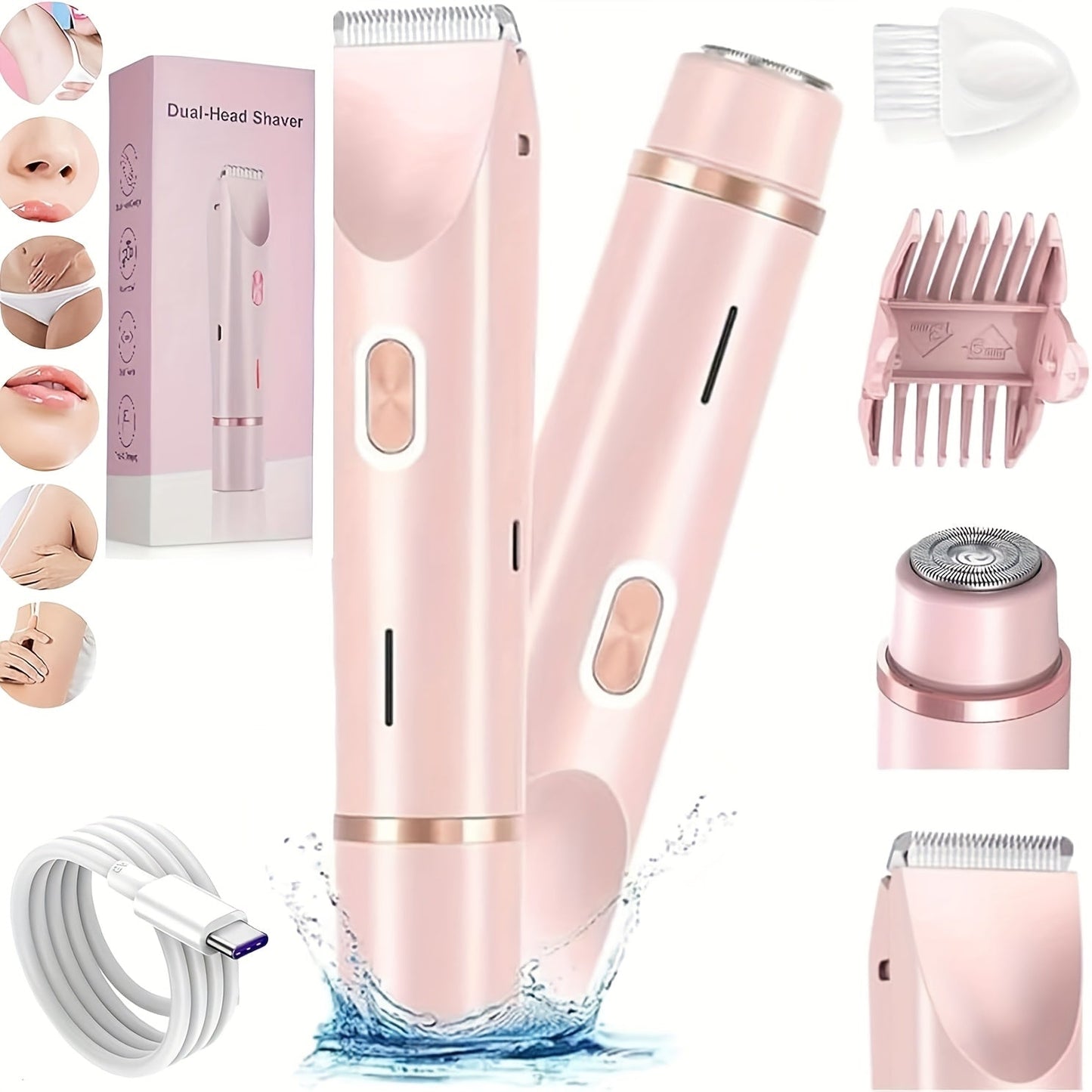Two-Head Electric Hair Shaver with Foil and Rotary Attachments, Type-C Charging in Pink, Purple or Blue